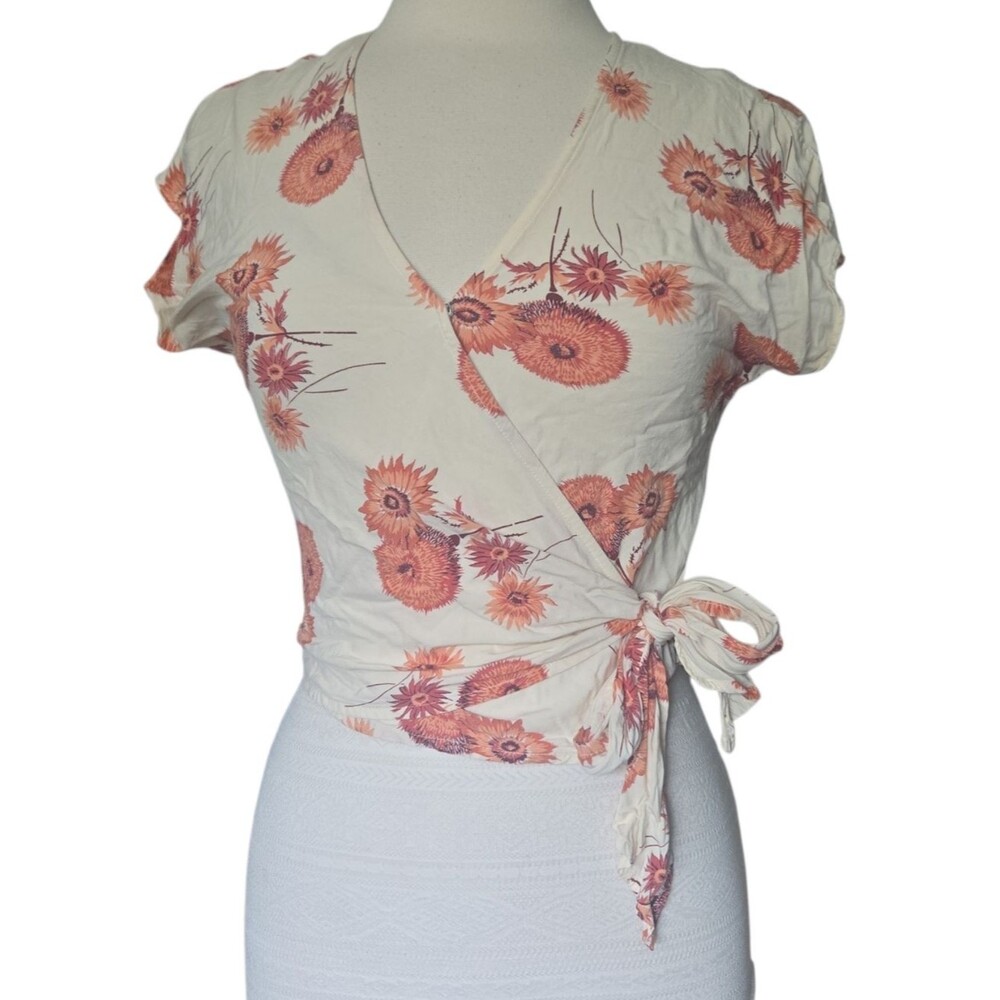 Madewell Cream Wrap Top with Coral Floral Print - XS